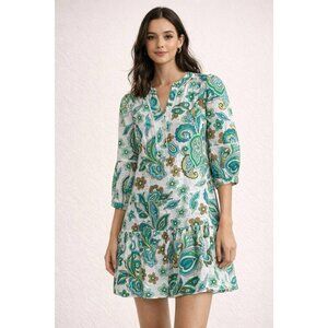 LOFT Paisley Floral Tunic Dress Boho Peasant Tiered Cotton Blue Green M